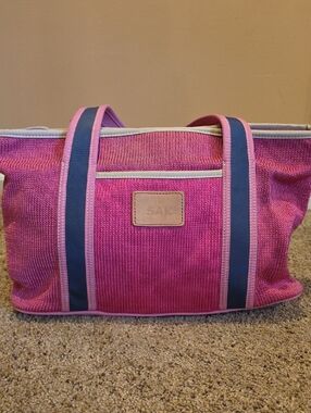 The Sak Pink Woven Shoulder Tote with Navy Straps